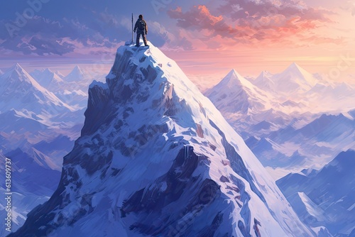 Inspiring view as a man stands triumphantly atop of a snow covered mountain