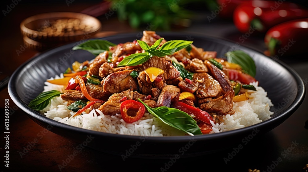close up traditional Thai cuisine dish, Pad Kra Pao, stir-fried basil with pork or crispy pork, Generative Ai	
