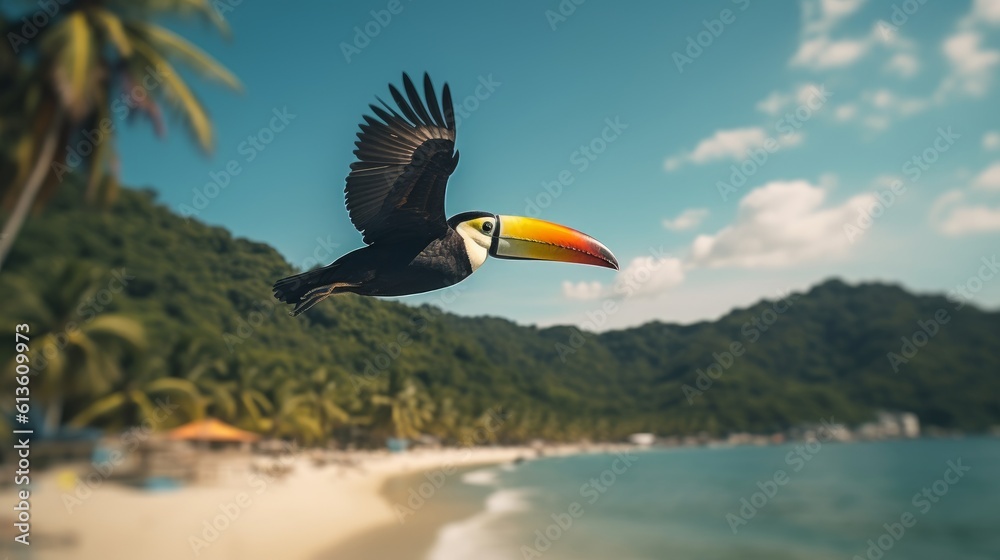 Obraz premium Toucan flies over the beach. Tropical beauty and bright colors. Generative AI
