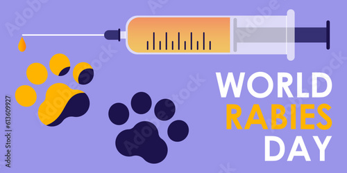 Animal paw prints, syringe with vaccine and text WORLD RABIES DAY on purple background