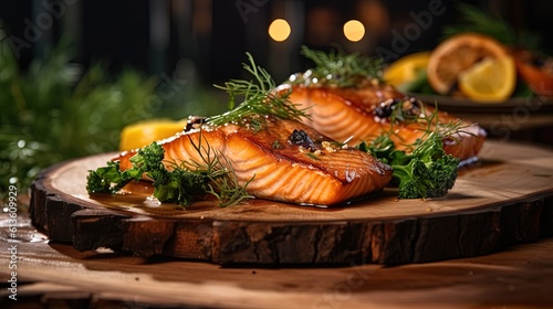 illustration of fine dining dish grilled salmon steak , garnished food decorated with flower and herb, Generative Ai