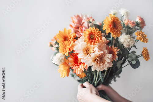Female hand holds beautiful autumn bouquet. Flower delivery concept. Generative AI illustration
