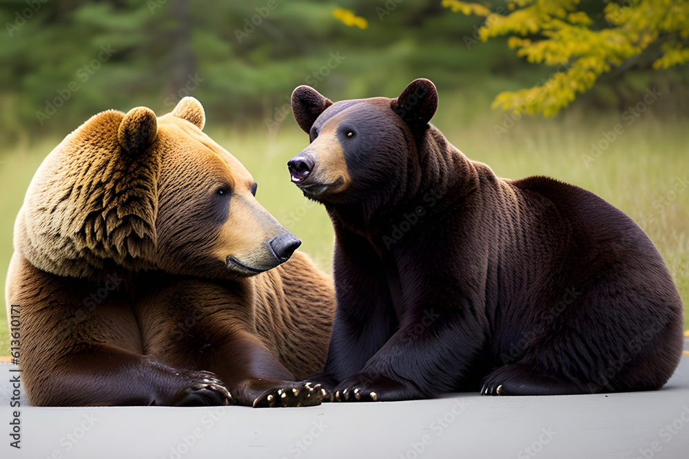 Obraz premium Big bear an little bear lying on the ground, generative ai