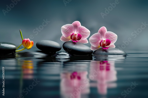 Orchids and spa stones balance on calm water. Generative AI illustration