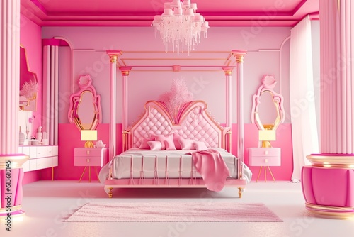 Doll like room. Big comfortable royal bed with pillows in luxury bedroom interior. Female bedroom in pink and white colors. romantic style. Generative Ai
