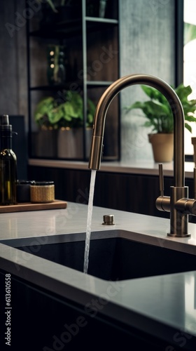 Faucet in a modern kitchen. Elegant and modern design. Generative AI