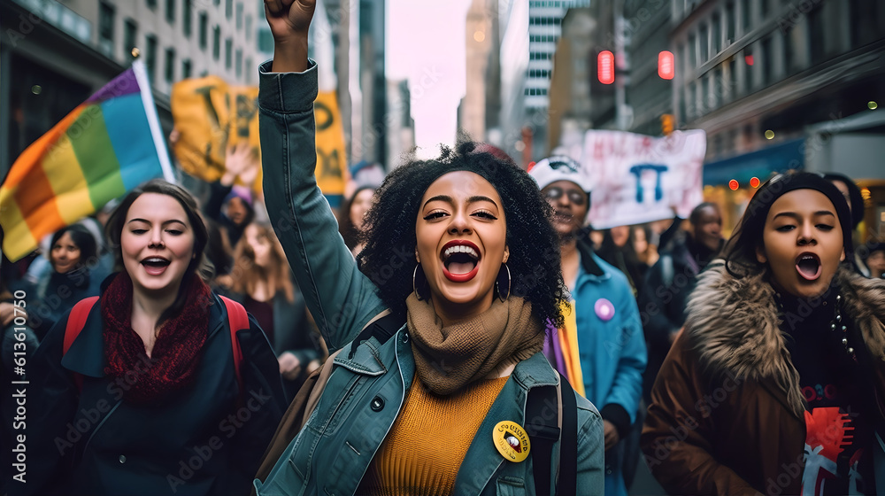 A group of diverse activists marching in a busy city street, carrying colorful banners and shouting slogans promoting gender equality, racial justice, and LGBTQ+ rights. A group of diverse activists marching in a busy city street, carrying colorful banners and shouting slogans promoting gender equality, racial justice, and LGBTQ+ rights.