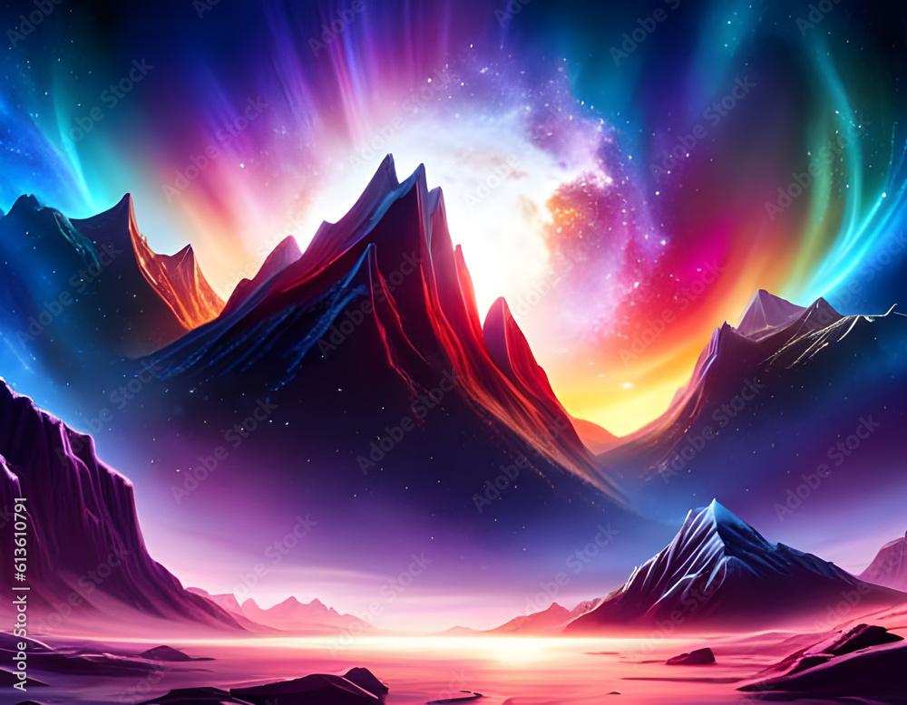 view of sunrise on an alien planet with rocky mountains with stars and glowing nebula in the sky science fiction concept