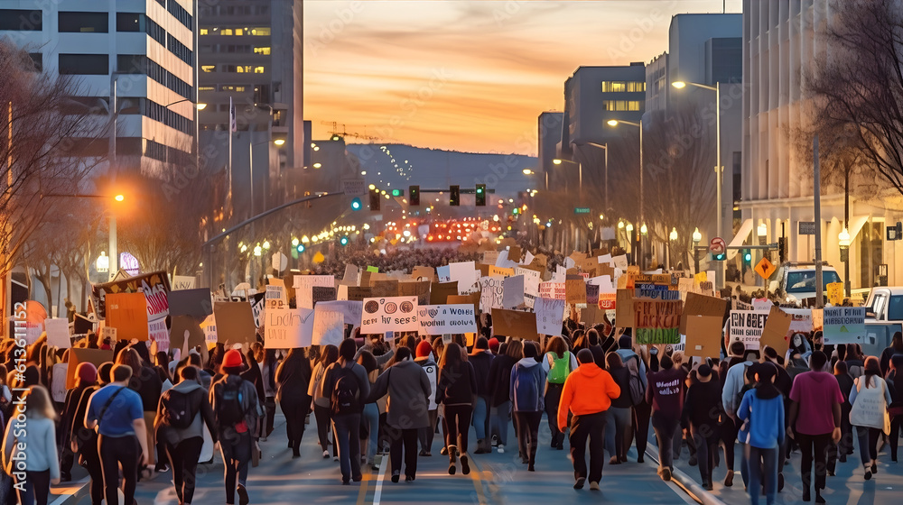 A protest march for climate change awareness, with vibrant signs and banners, amidst a bustling cityscape at sunset, invoking a sense of urgency and determination