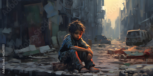 An impoverished child sitting alone on a desolate street corner, with ragged clothes and a look of sadness, abandoned buildings and broken infrastructure in the background