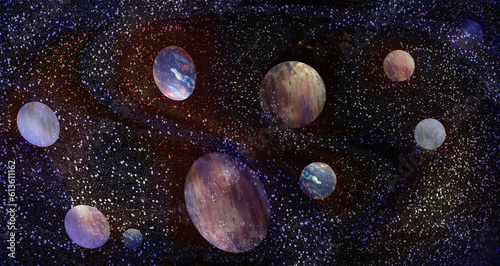 Abstract background Ovals and balls. Space background.Planets, stars and galaxies in outer space, showing the beauty of space.