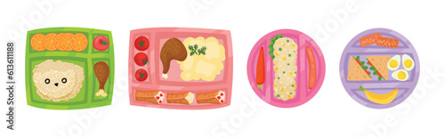 Meal Tray for Kids with Fresh Appetizing Food in Different Section Above View Vector Set