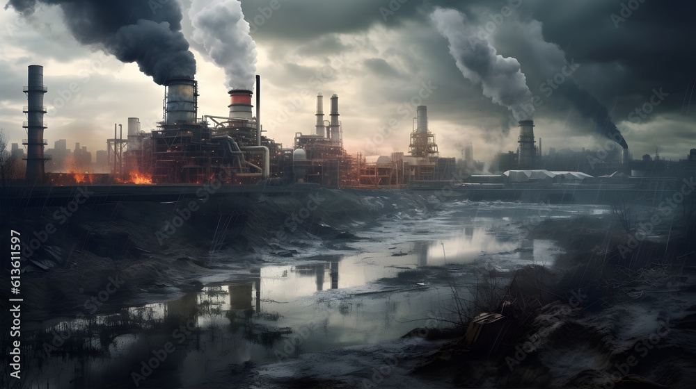 Environmental pollution, A factory emitting dark smoke into the sky, A polluted cityscape with smog and haze, An oppressive and gloomy atmosphere