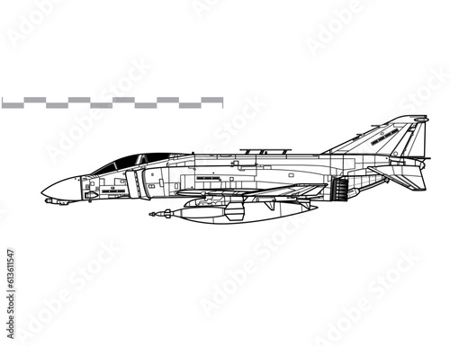 McDonnell Douglas F-4D Phantom II with GBU-10 Paveway I laser guided bomb. Vector drawing of multirole tactical figter. Side view. Image for illustration and infographics.