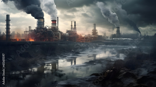 Environmental pollution  A factory emitting dark smoke into the sky  A polluted cityscape with smog and haze  An oppressive and gloomy atmosphere