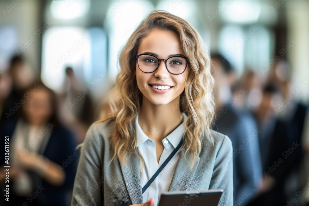 Professional Woman holding a Tablet during Business Seminar Corporate Meeting Event Workshop Conference Women in Business, generative ai Professional Woman holding a Tablet during Business Seminar Corporate Meeting Event Workshop Conference Women in Business, generative ai