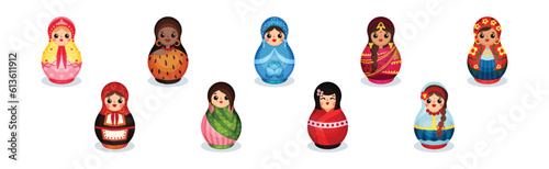 Russian Matryoshka Dolls in National Costume of Different Country Vector Set