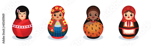Russian Matryoshka Dolls in National Costume of Different Country Vector Set