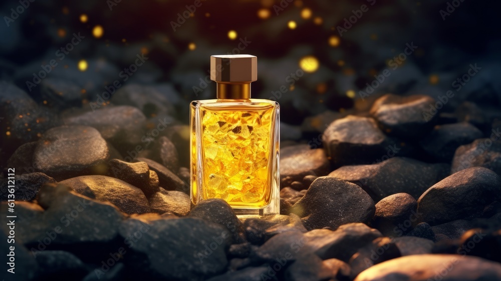 Glass bottle of yellow perfume on black stone surface. Generative AI Glass bottle of yellow perfume on black stone surface. Generative AI