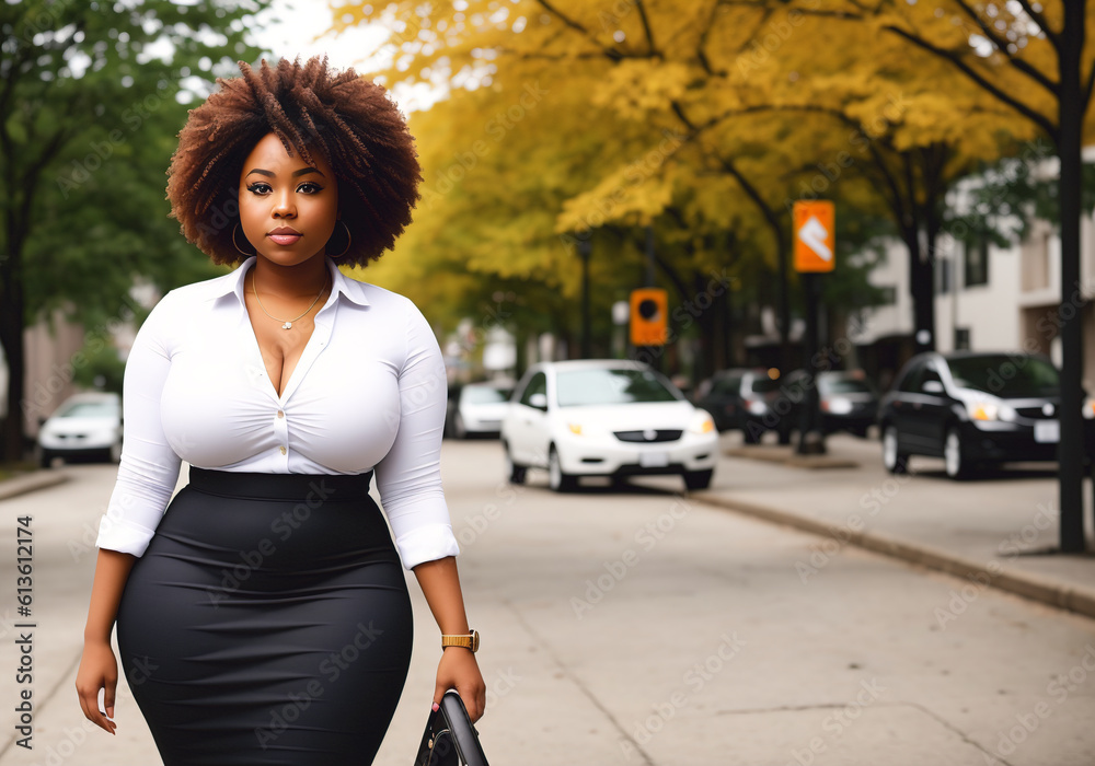 A curvy overweight African American woman poses on a city street. Generative AI A curvy overweight African American woman poses on a city street. Generative AI