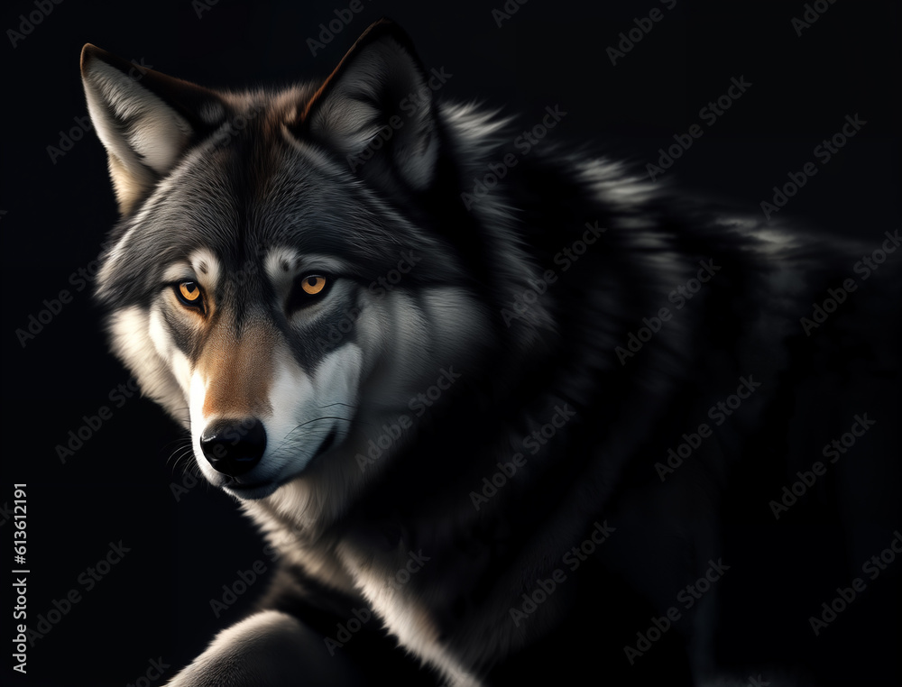 Portrait of adult wolf on dark background, generative ai. Hunter in the woods at midnight Portrait of adult wolf on dark background, generative ai. Hunter in the woods at midnight