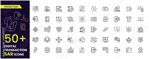 Digital Transaction SAR, Online banking line icons set: deposit app, money safety, internet bank, contactless payment, credit card, online transaction, mobile support, Editable stroke, SAR currency.