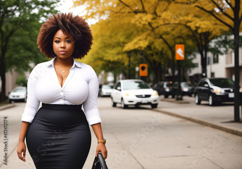 A curvy overweight African American woman poses on a city street. Generative AI © Anton Dios