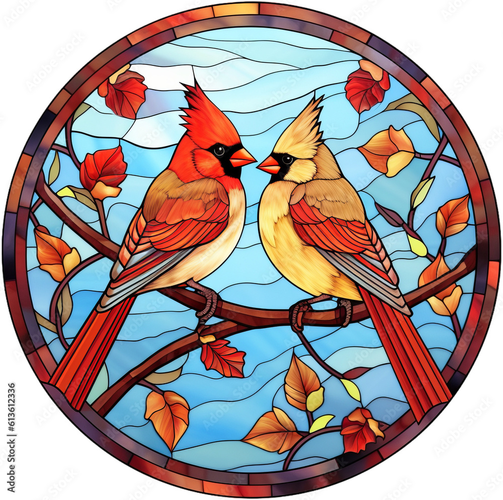 Round stainedglass illustration of a northern red cardinal bird in a