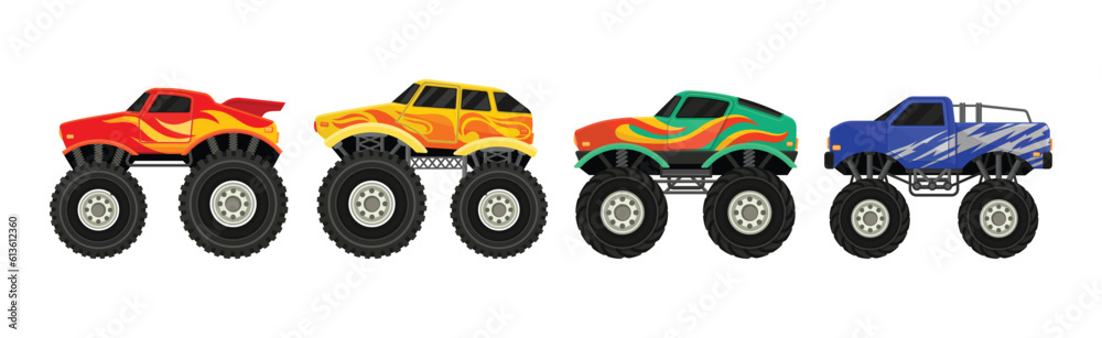 Monster Trucks and Heavy Cars with Large Tires and Black Tinted Windows Vector Set Monster Trucks and Heavy Cars with Large Tires and Black Tinted Windows Vector Set