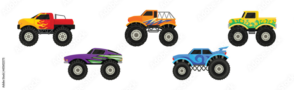 Monster Trucks and Heavy Cars with Large Tires and Black Tinted Windows Vector Set