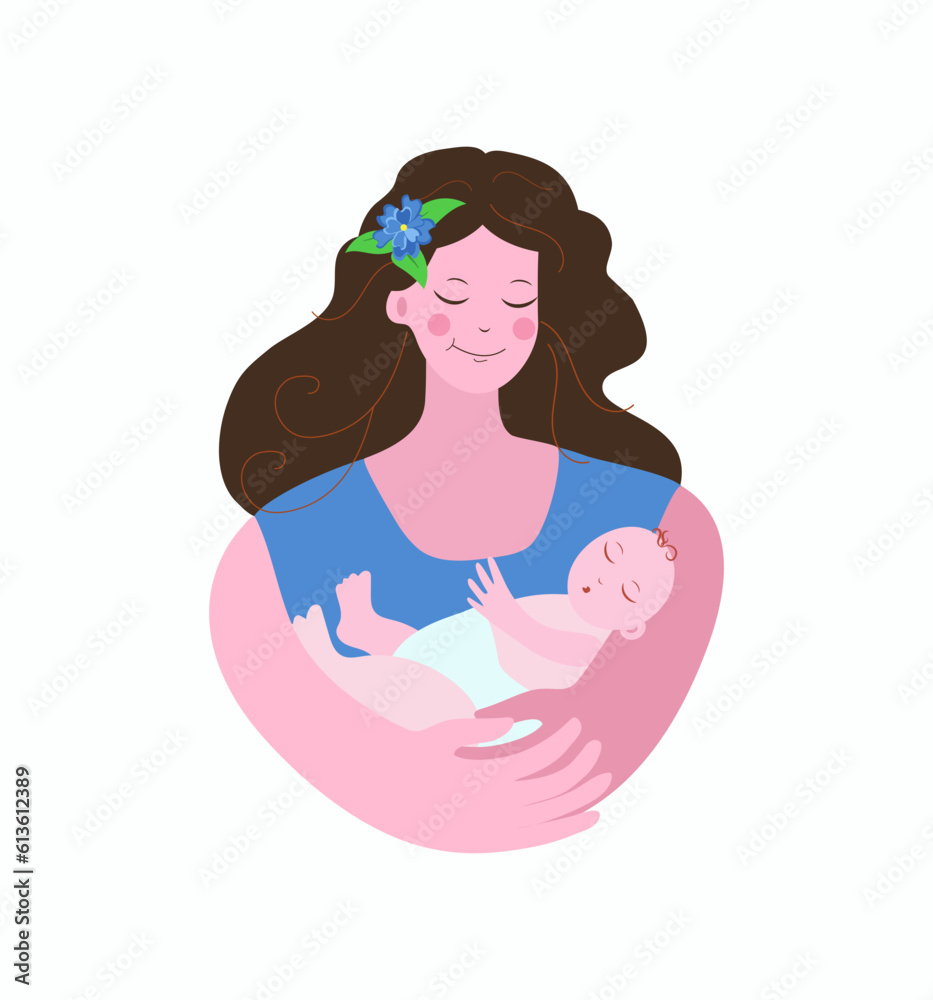 Young woman, mother with a baby in her arms. Infant, maternity, newborn, Breastfeeding Day. Children's Day. Vector illustration on isolated background. Young woman, mother with a baby in her arms. Infant, maternity, newborn, Breastfeeding Day. Children's Day. Vector illustration on isolated background.