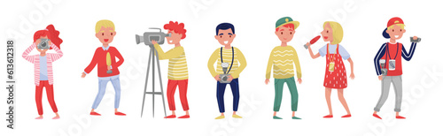 People Journalist and Cameraman Presenting and Reporting News Vector Set