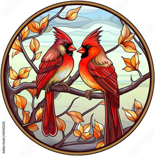 Round stained-glass illustration of a northern red cardinal bird in a stained-glass/mosaic window. AI-generated art.