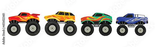 Monster Trucks and Heavy Cars with Large Tires and Black Tinted Windows Vector Set