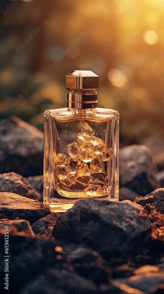 Glass bottle of gold perfume on black stone surface. Generative AI Glass bottle of gold perfume on black stone surface. Generative AI
