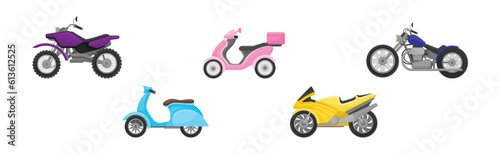 Bike and Motorbike as Motor Vehicle with Saddle Seat and Handlebar Vector Set