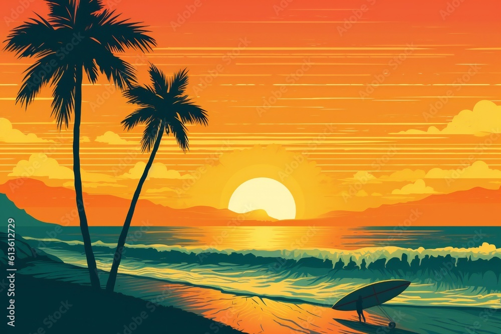 Sunset vintage retro style beach surf poster background Generative AI