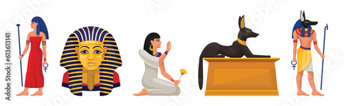 Ancient Egyptian Deity and Egypt Symbol Vector Illustration Set