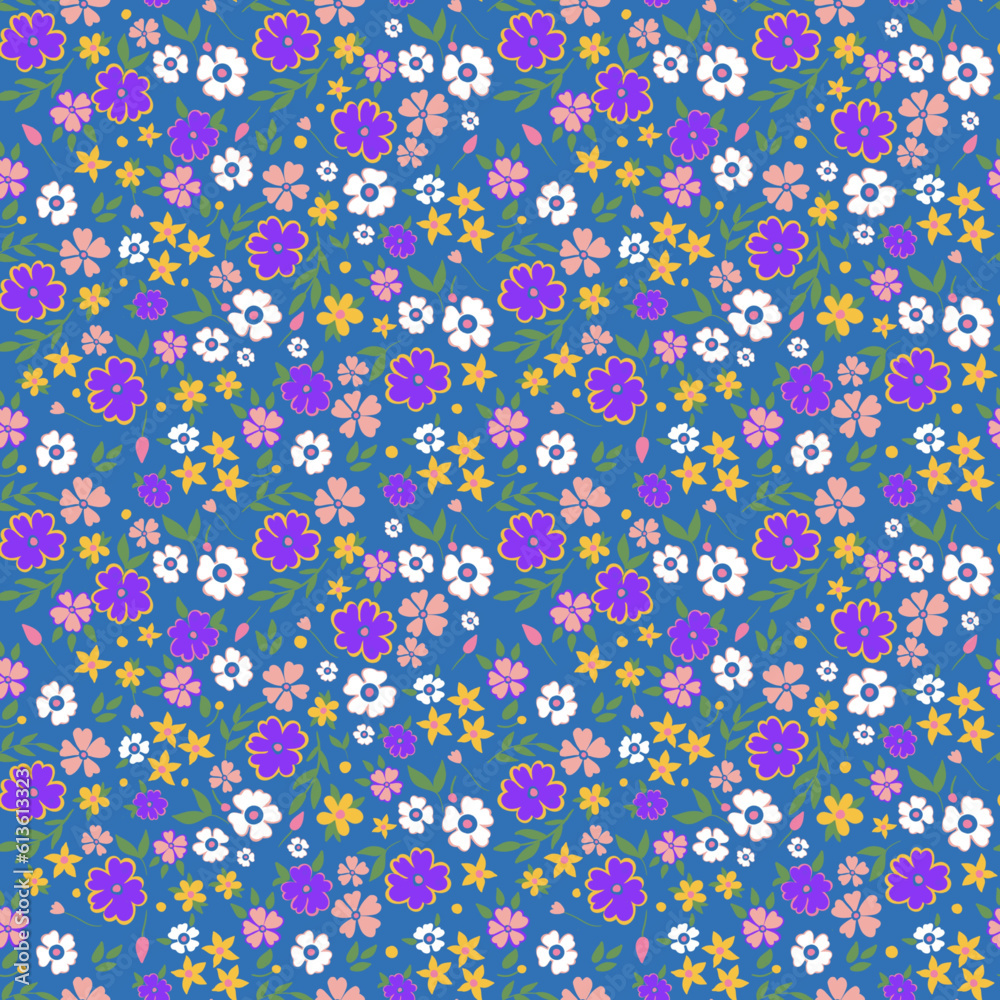 Trendy seamless botanical textile print.Small multi-colored flowers on a dark background seamless pattern for fabric, paper. Vector, hand drawn, Floral fashion pattern, ditsy print
