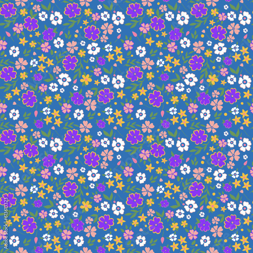 Trendy seamless botanical textile print.Small multi-colored flowers on a dark background seamless pattern for fabric, paper. Vector, hand drawn, Floral fashion pattern, ditsy print