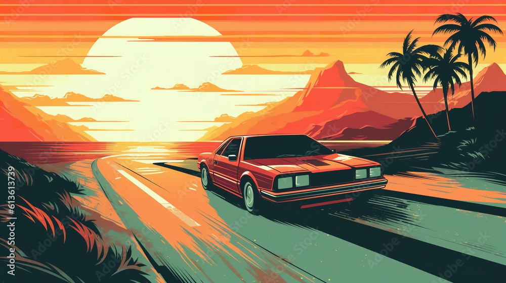 Summer vibes 80s style illustration with car driving into sunset