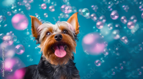 Yorkshire Terrier on a blue background with bubbles in the air. 