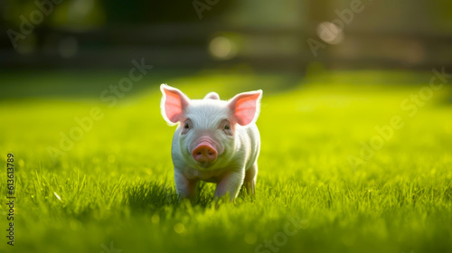Cute little piglet on green grass in sunset light. Concept of agriculture. Generative AI.