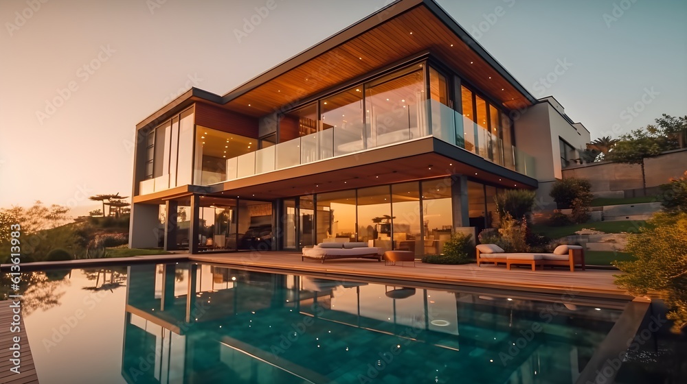 Obraz premium Displaying the Illuminated Exterior of a Contemporary Villa at Night generative AI
