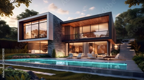 Wallpaper Mural Nighttime Elegance: Showcasing the Illuminated Exterior of a Modern Home generative AI Torontodigital.ca