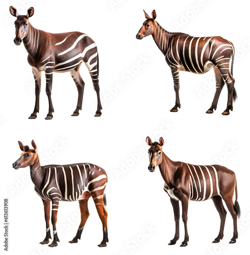 Set of Okapi isolated on the transparent background PNG. AI generative.