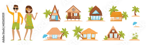 Hawaiian Rest with Happy Man and Woman and Tropical Hut or Bungalow with Palm Tree Vector Illustration Set