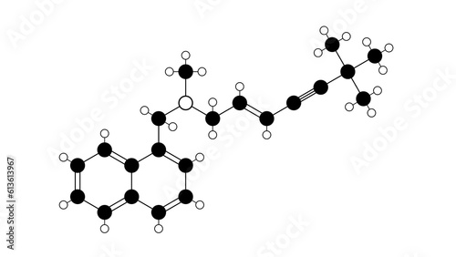 terbinafine molecule, structural chemical formula, ball-and-stick model, isolated image antifungal medication