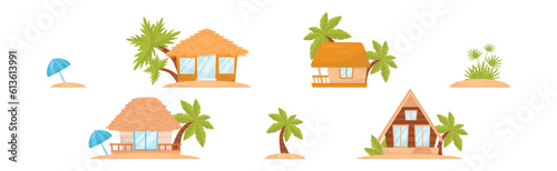 Tropical Thatched Hut or Bungalow with Palm Tree as Summer House Vector Illustration Set