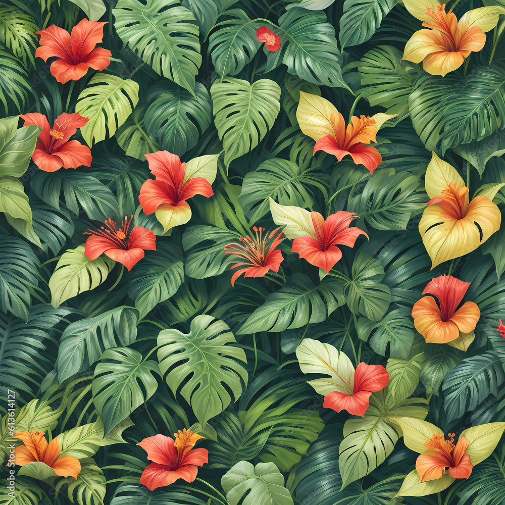 Exotic Paradise: Illustration of Tropical Flowers and Foliage in a Captivating and Lush Background